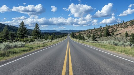 Naklejka premium Scenic open road through beautiful countryside under blue skies and fluffy clouds, surrounded by lush greenery and mountains on the horizon.
