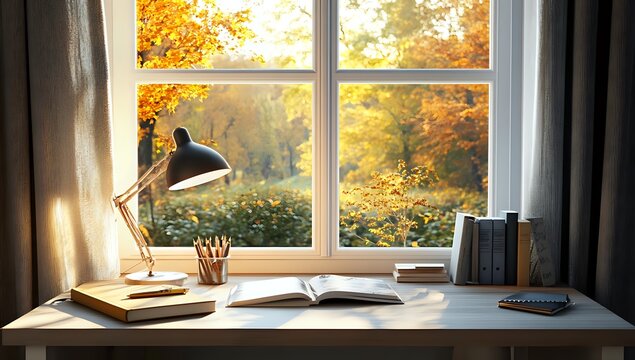 Fototapeta A desk with books, pencils and a lamp near a window looking out on an autumn forest.