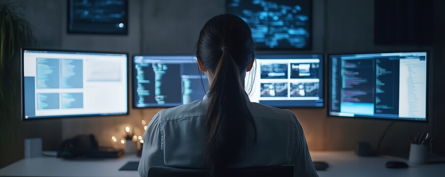 A person working on multiple computer screens in a dark room, focusing on writing code and data analysis. Nighttime programming session.