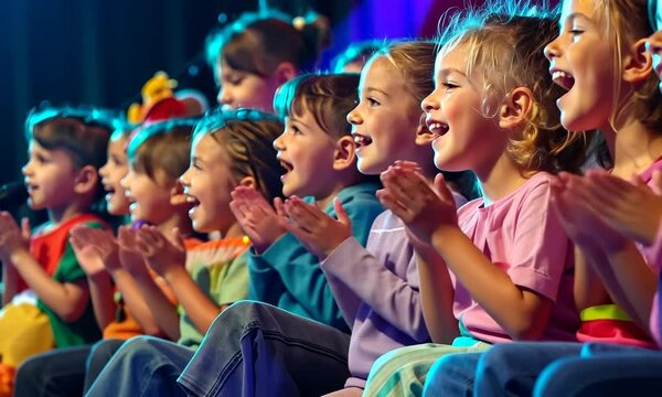 Kids enjoying a puppet show for National Puppetry Day, colorful puppets and laughter, hyperrealistic . Video