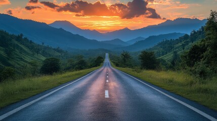 Fototapeta premium Scenic sunset view of an open road leading through lush green hills towards distant mountains under a colorful sky.