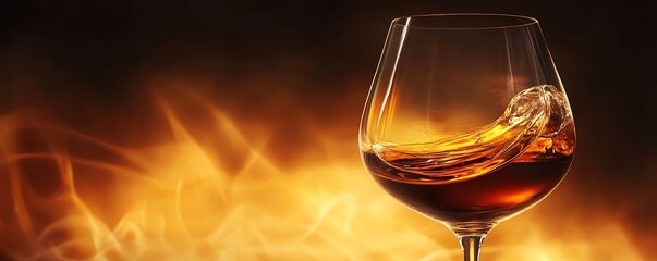 A swirling glass of amber whiskey against a warm, fiery background, capturing the essence of fine spirits and luxury.
