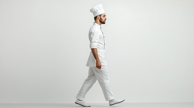 Professional Young Chef in White Uniform Walking - Full-body Side View Isolated Background Photography Concept