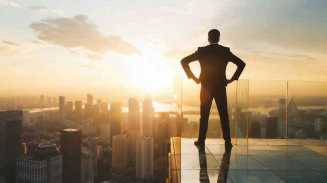 Successful Businessman on the top of skyscraper looking at the city skyline in the background