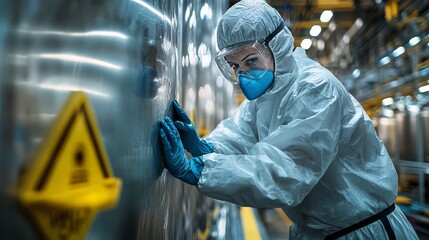 Scientist wearing protective suit and mask in a laboratory setting, ensuring safety protocols in a high-tech environment.