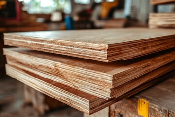 Close-up of Stacked Plywood Sheets with Visible Layers