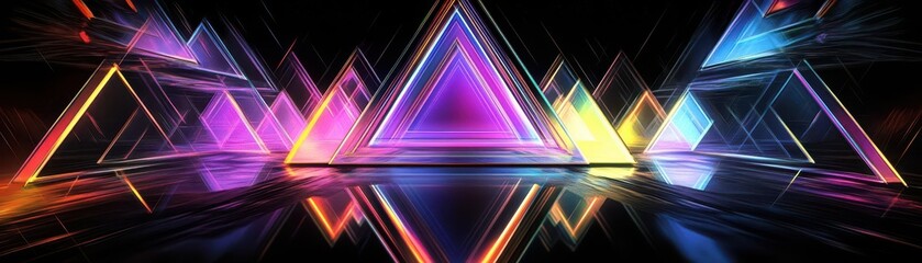 Fototapeta premium Surreal prismatic triangle landscape, glowing in vibrant hues, set against a black space with intricate geometric reflections