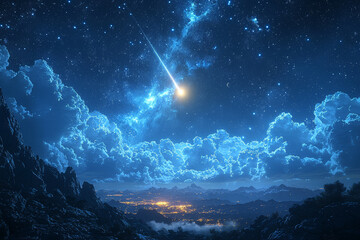 A bright, glowing orb streaking across a star-filled night sky, leaving a trail of shimmering light. Concept of unidentified flying objects and celestial sightings.