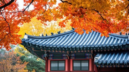Autumn Foliage Over a Traditional Korean Roof