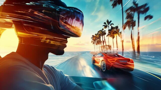 Man in VR headset immersed in virtual experience of driving a car at sunset. Picturesque coastal background, virtual reality and ai technology concept
