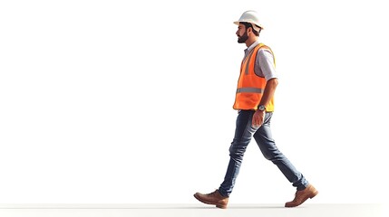 Professional Construction Worker in Hard Hat and Safety Vest Walking Right in Side View Isolated Full Body Shot - Concept of Site Management and Building Process