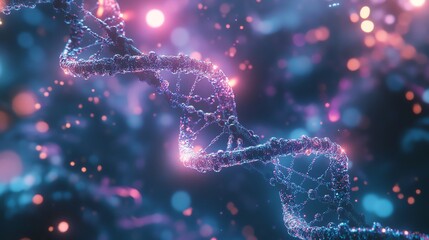 Abstract representation of DNA strands in a colorful, glowing, high-tech background. Ideal for science and biotechnology visuals.