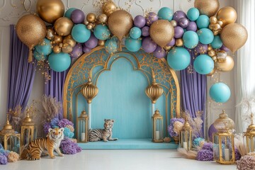 A baby's room with a blue and purple theme and a tiger and a cat