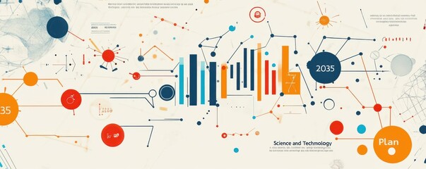 Futuristic abstract illustration depicting technological advancements and scientific concepts for the year 2035, showcasing data networks and innovation themes
