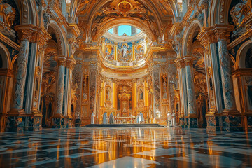 Obraz premium A baroque church adorned with intricate gold leaf and elaborate frescoes, with worshippers attending a solemn mass. Concept of religious splendor and artistry.
