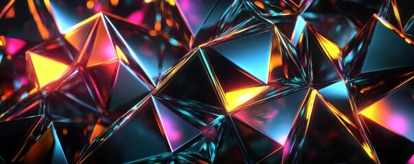 Shattered prismatic triangles with glowing edges, abstract fractal design, colorful background