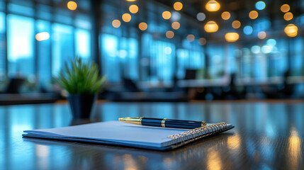 A creative photo of pen and notebook on desk with blurred background, capturing calm and professional atmosphere..