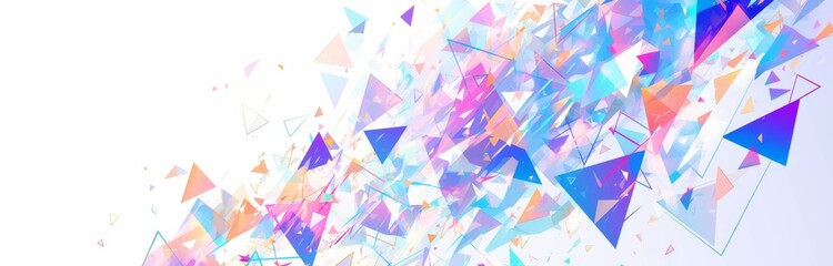 Colorful Triangles Falling from Top-Left Corner on White Background, Minimalist Vector Banner Design with Copy Space for Text