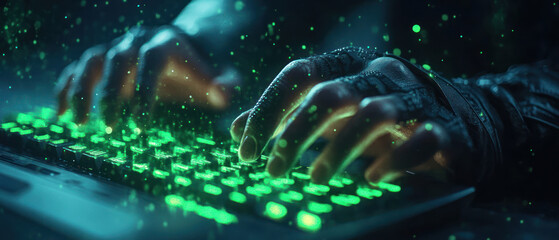 Rapidly typing hands in dark environment, illuminated by green keyboard lights, create mysterious and intense atmosphere..