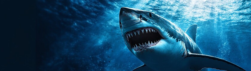 Obraz premium Close-up of a great white shark underwater, showcasing its sharp teeth and powerful presence in the deep blue ocean.