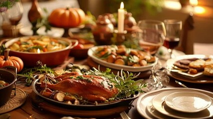 Rustic wooden table is laden with a thanksgiving feast, featuring a golden roasted turkey as the centerpiece, surrounded by an array of mouthwatering side dishes