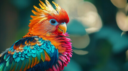 Obraz premium A colorful parrot with a red beak and blue and green feathers. The bird is perched on a branch and he is looking at the camera