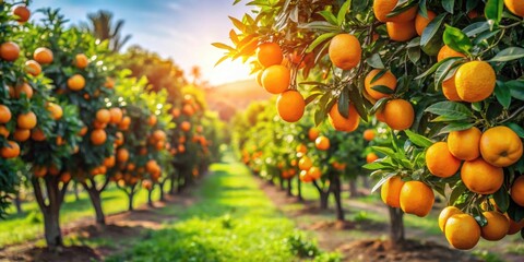 Orchard with orange trees and ripe fruits on branches, showcasing a rich harvest on the farm, Orange trees