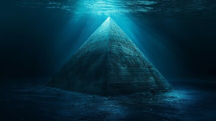 Underwater pyramid illuminated by sun rays, surrounded by deep blue ocean, creating a mysterious and ancient ambiance.