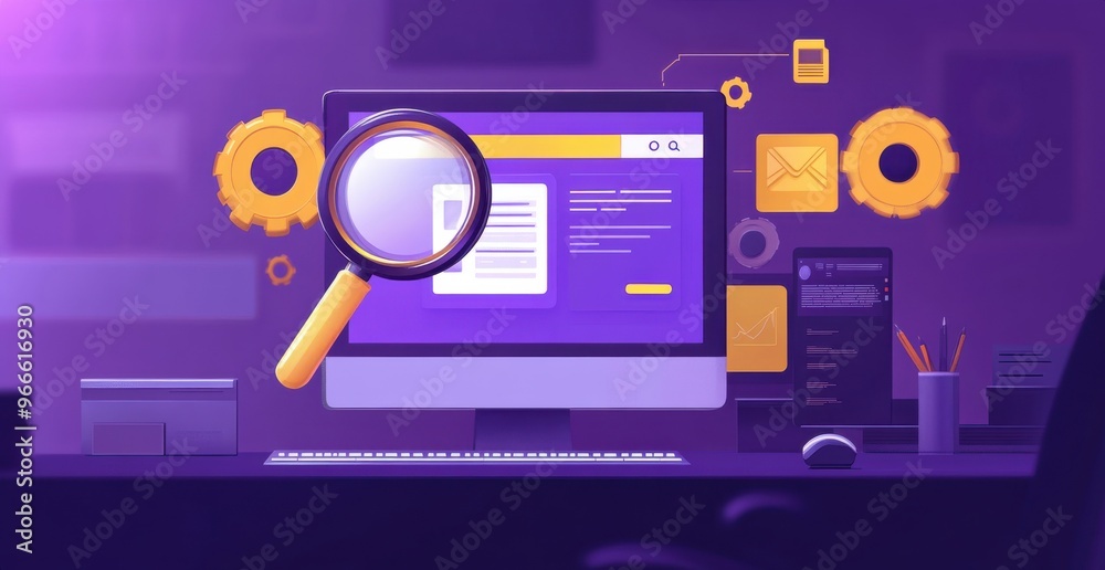 Poster online search engine interface with magnifying glass and digital elements depicting technology and d
