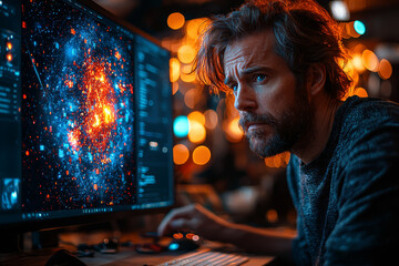 An artist creating a complex digital artwork using sophisticated software, demonstrating creativity and technical skill. Concept of artistic intelligence and digital proficiency.