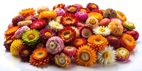 A vibrant package of assorted straw flowers on a white background, straw flowers, colorful, assorted, package, vibrant