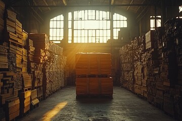 Sunbeams Illuminating Pallets of Wood in a Warehouse