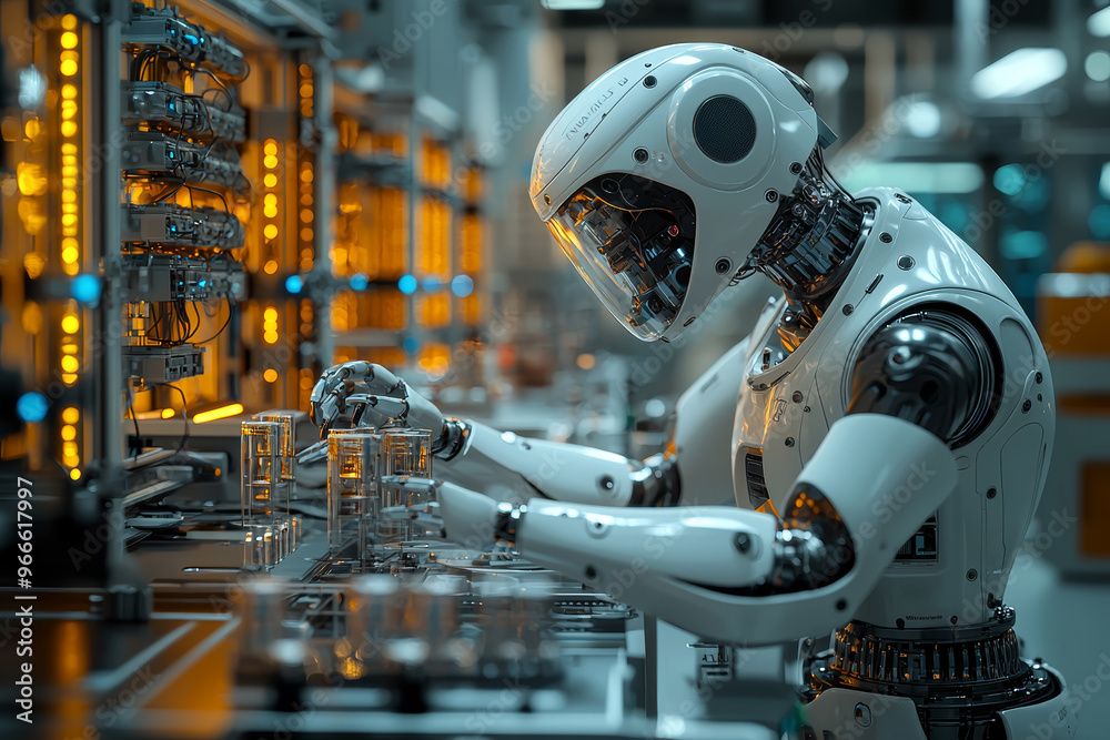 Poster a robotic arm precisely assembling intricate components in a high-tech laboratory. concept of automa