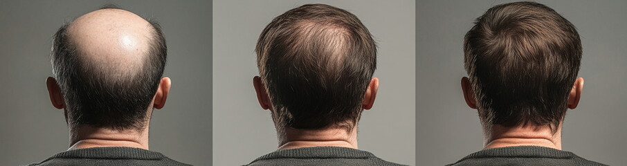 Progressive stages of hair growth before and after transplantation. Banner concept for effective treatment of baldness, alopecia areata