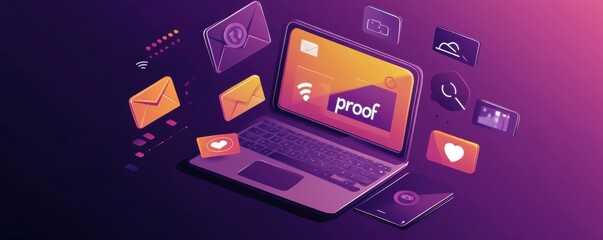 Illustration of social media icons floating around a laptop depicting digital communication and online interaction in vibrant colors