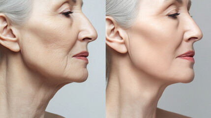 Before-and-after image of an elderly woman's facial transformation showing reduced wrinkles. For marketing skincare products, medical presentations on anti-aging, or facial treatments