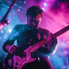 Obraz premium Dynamic guitarist plays electric guitar on stage with vibrant lights and fog in a live music performance.