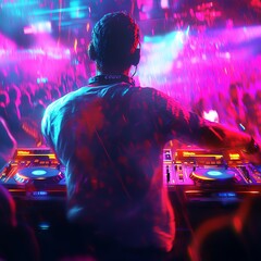 Obraz premium Dynamic DJ performing at a vibrant club with colorful lights and an energetic crowd at night.