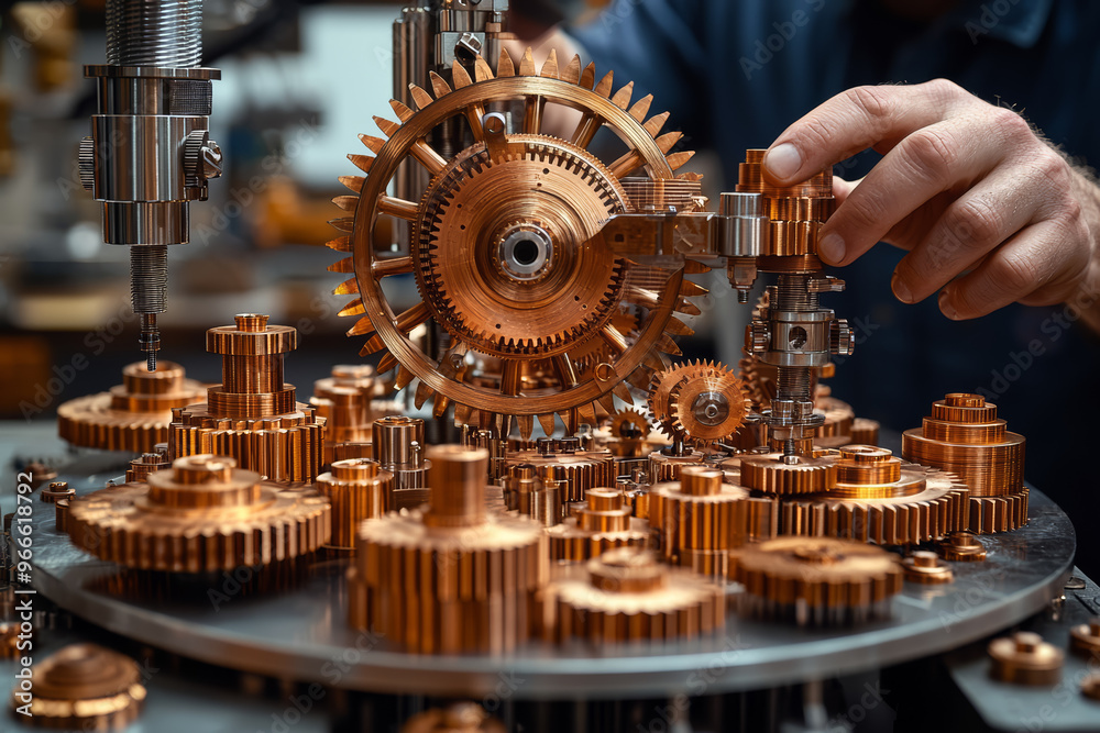 Aufkleber a person using a set of unique wooden gears to create a functional machine, demonstrating inventive 