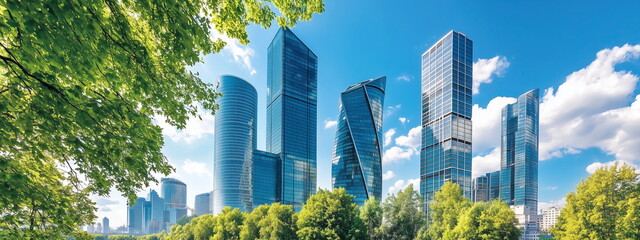 A modern business urban landscape with green spaces. Banner for business centers, parks and urban architecture