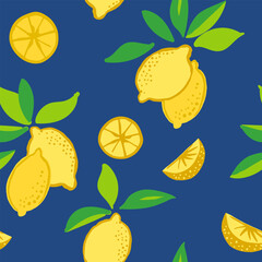 Seamless vector repeat pattern with yellow lemons and green leaves toss on dark navy blue ground. Summer fruit, swim, beach design, juice, food, picnic, cooking, mediterranean, Italian food backdrop