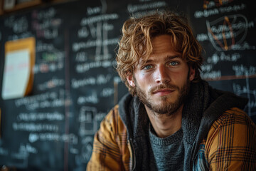 A mathematician working on advanced calculus problems, with formulas and equations covering the chalkboard. Concept of mathematical intelligence and problem-solving.