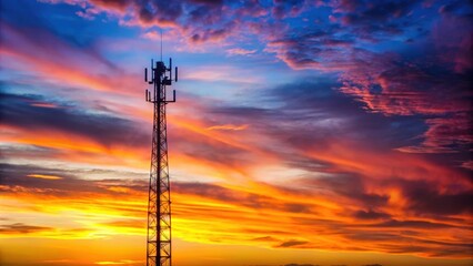 Fototapeta premium Telecommunication pole silhouetted against a colorful sky at dawn, telecommunication, pole, sunrise, dawn