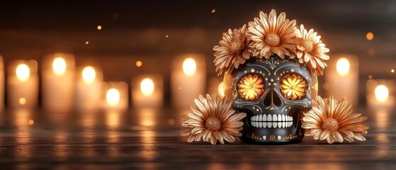 Fototapeta premium Elegant wooden skull centerpieces for a Day of the Dead themed wedding ad