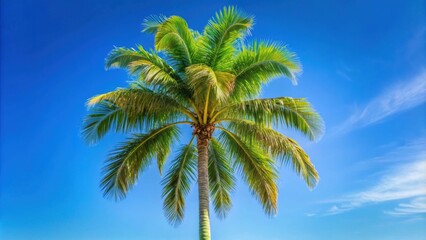 Fototapeta premium Tall palm tree with lush, green fronds against a clear blue sky, tropical, beach, vacation, exotic, nature, paradise