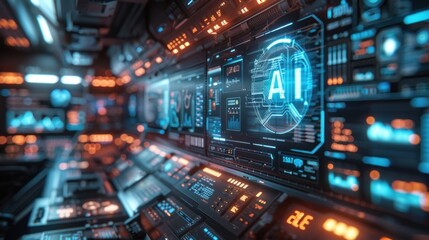 A futuristic control room with a large screen displaying AI data.