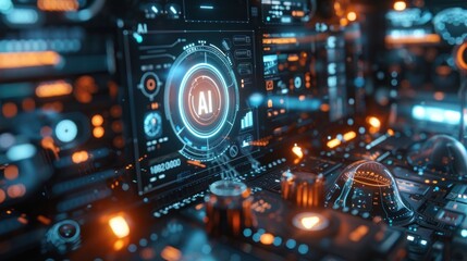 Fototapeta premium Futuristic AI interface with digital data and glowing lights.