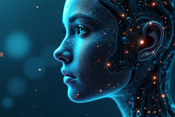 Artificial intelligence is presented as an abstract illustration of a model on a blue background symbolizing future technologies and transmitting data in the form of bytes and files