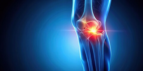 Close-up of a knee with glowing area signifying pain or inflammation, knee pain, arthritis, knee injury