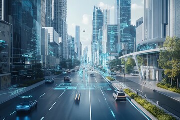 Obraz premium Futuristic smart city with high-rise buildings, autonomous vehicles, and advanced digital overlays creating a modern urban environment.